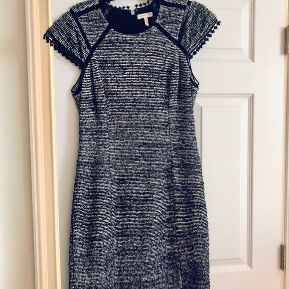REBECCA TAYLOR Short Sleeve Stretch Tweed Shift Black White Dress Women Size 10 - Picture 3 of 10